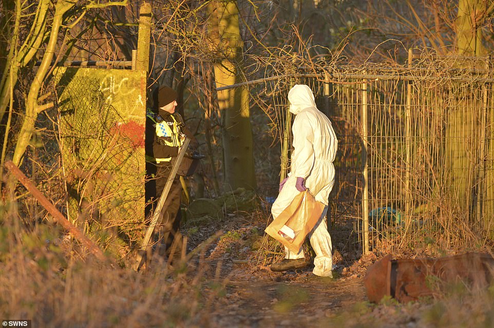 Police search a cordoned of section of woodland