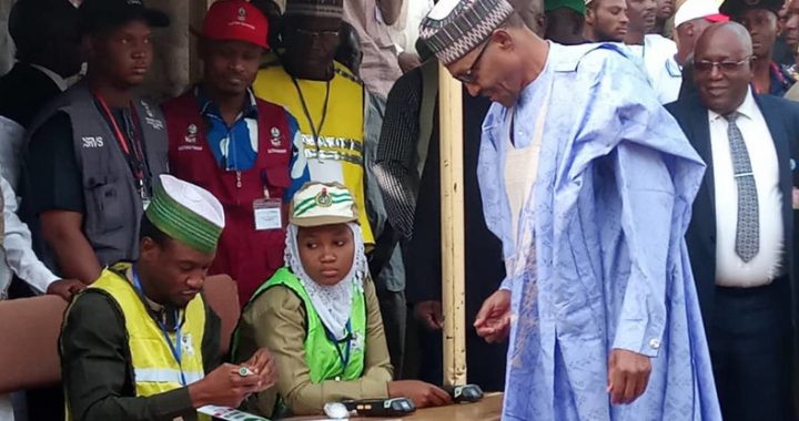 President Buhari, wife votes at PU 003 Kofar Baru III, Daura, today