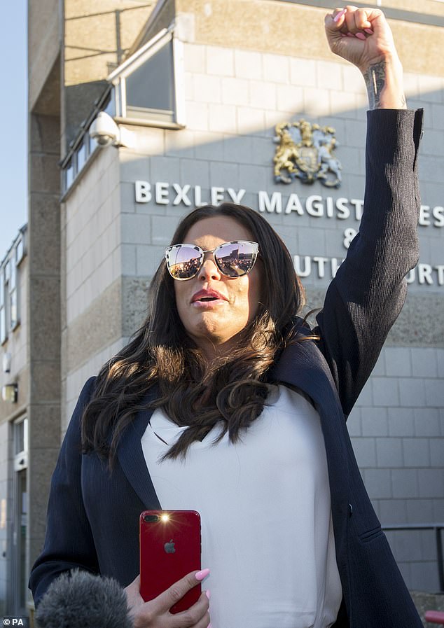 Price punched the air as she emerged from Bexley Magistrates' Court today having been given a three-month driving ban