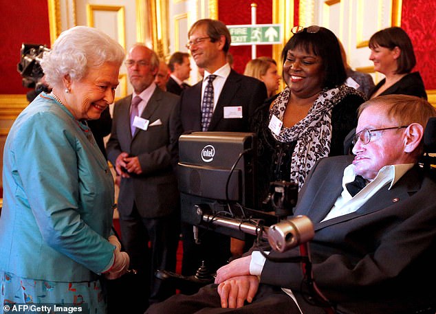 Britain's Queen Elizabeth II (L) meets British astrophysicist Stephen Hawking (R) a