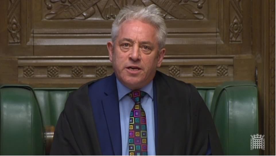 Commons Speaker John Bercow gave a last-minute statement to the Commons today on Mrs May's Brexit deal, and effectively blocked a new vote